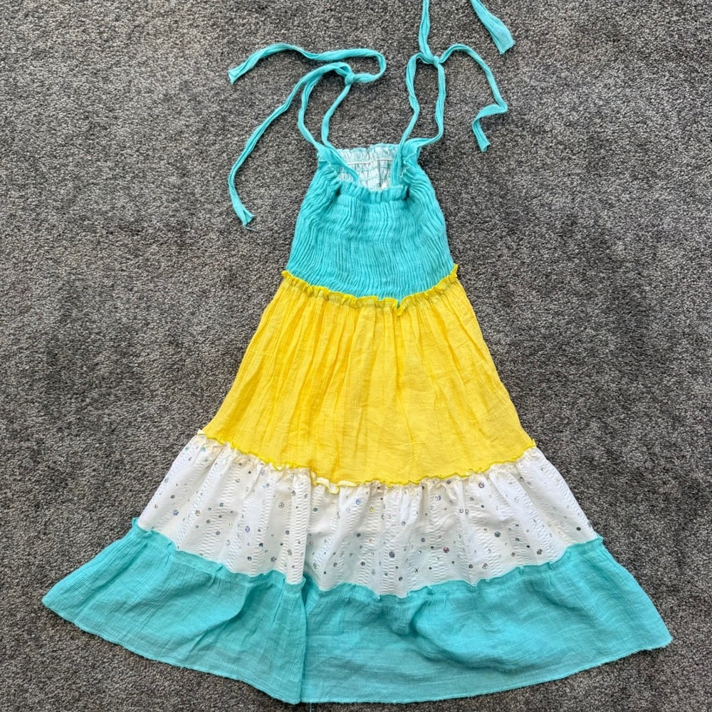 Lele For Kids Girls Tiered Colorblock Sequin Halter Dress Turquoise Yellow 7/8